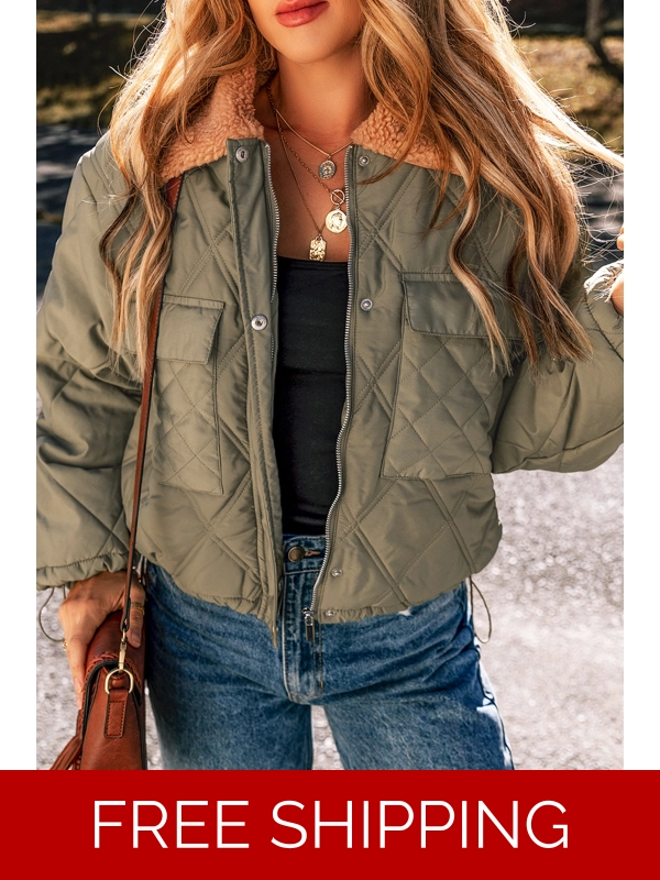 Jungle Green Teddy Collar Flap Pockets Quilted Puffer Jacket